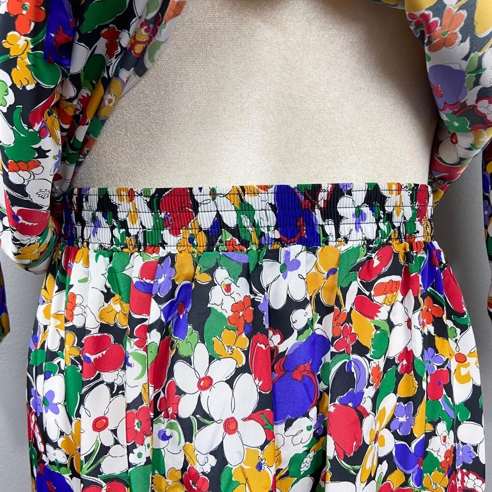 Vintage Cos Cob Floral Dress Size L Colorful Flowers Tie Waist Retro 2 Piece Set
